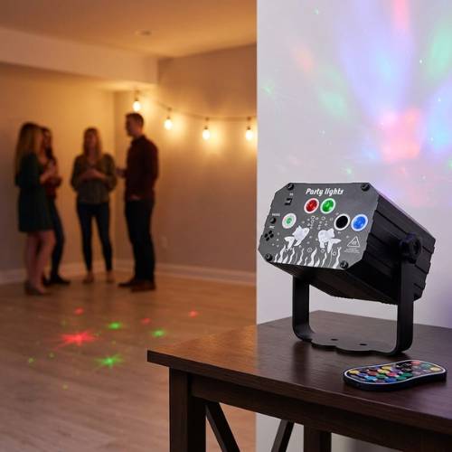 Enjoyedled disco party light set up near a small house party dance floor.