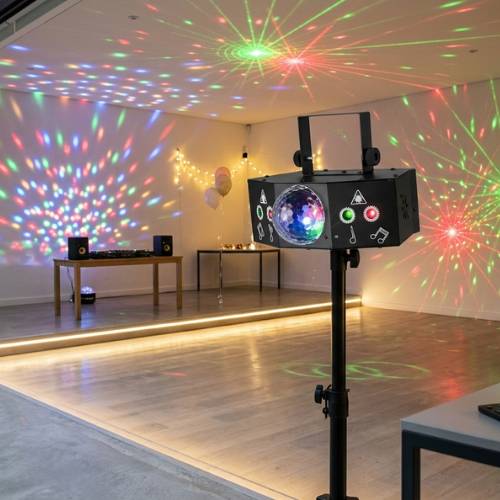 BUCLHOZ party disco light set up in a larger event room with colorful wall projections.