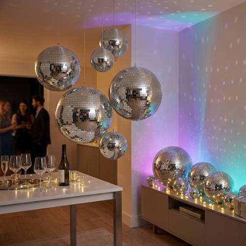 Mirror disco ball decorations styled on a party table with warm reflective lighting.