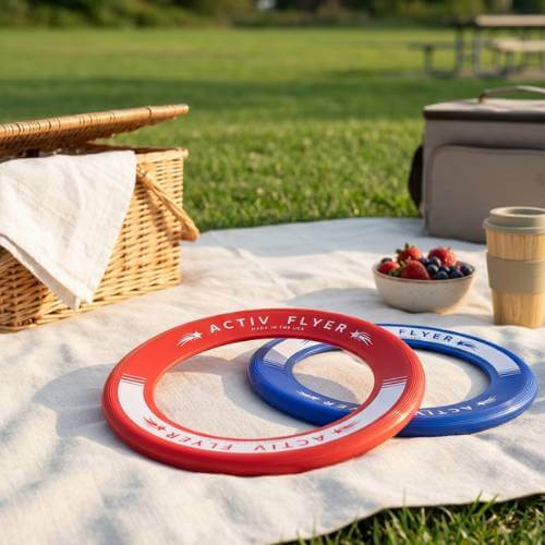 Activ Life Flying Rings on a picnic blanket in a sunny park setting
