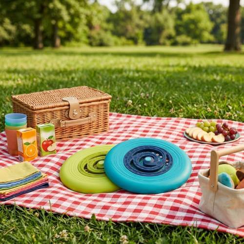 B. Toys Flying Disc Set on a park picnic blanket for family outdoor play