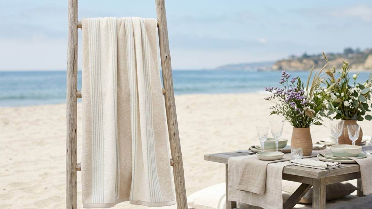neutral beach towel beside luxury beach picnic