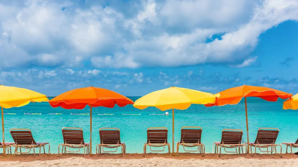 colorful beach umbrellas and chairs