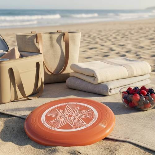 Eastgoing Flying Disc beside a beach picnic setup with outdoor picnic gear