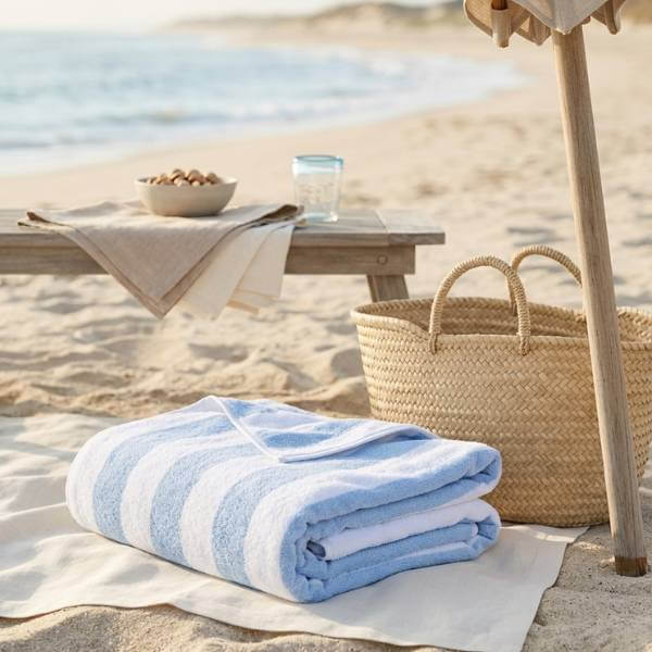 folded blue xbeach towel on sand