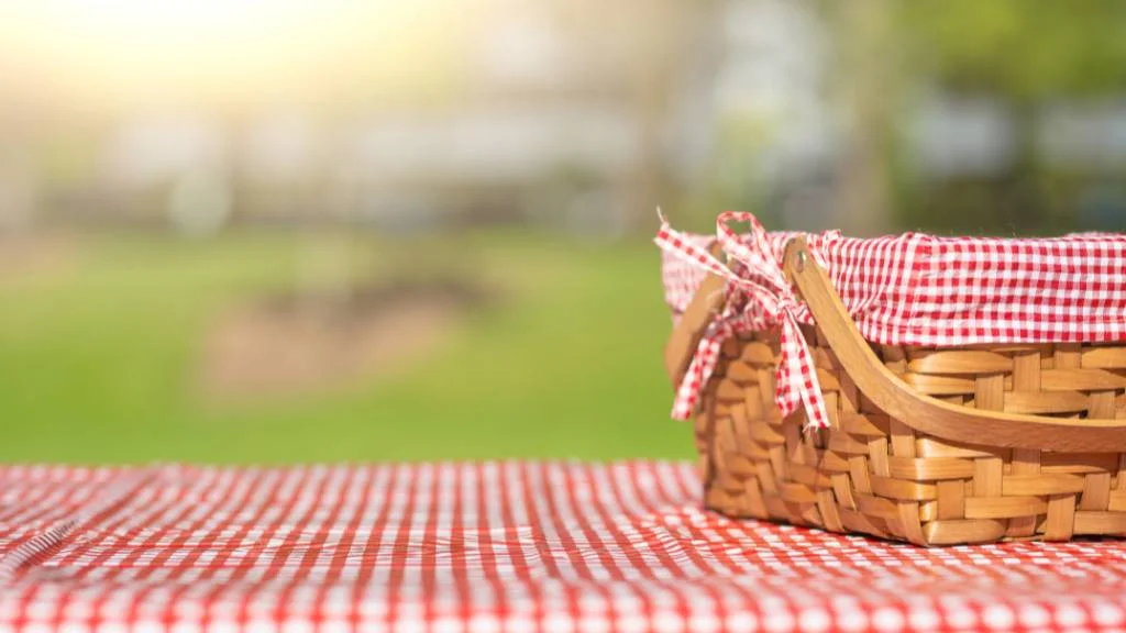 gingham picnic basket on grass
