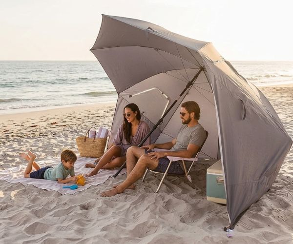 gray beach umbrella tent
