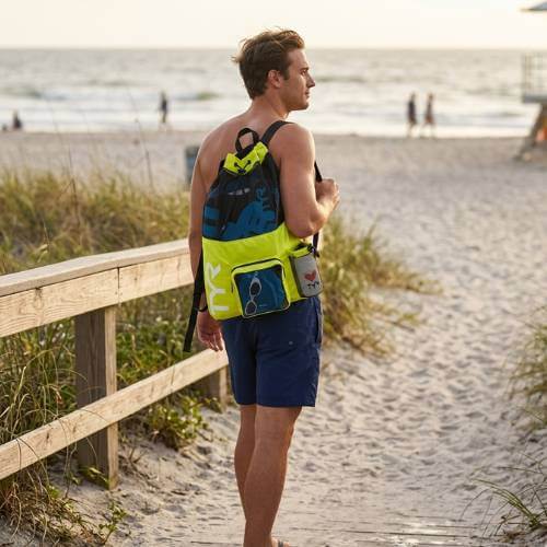 man carrying beach bag