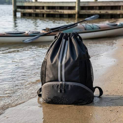 drawstring beach bag near water