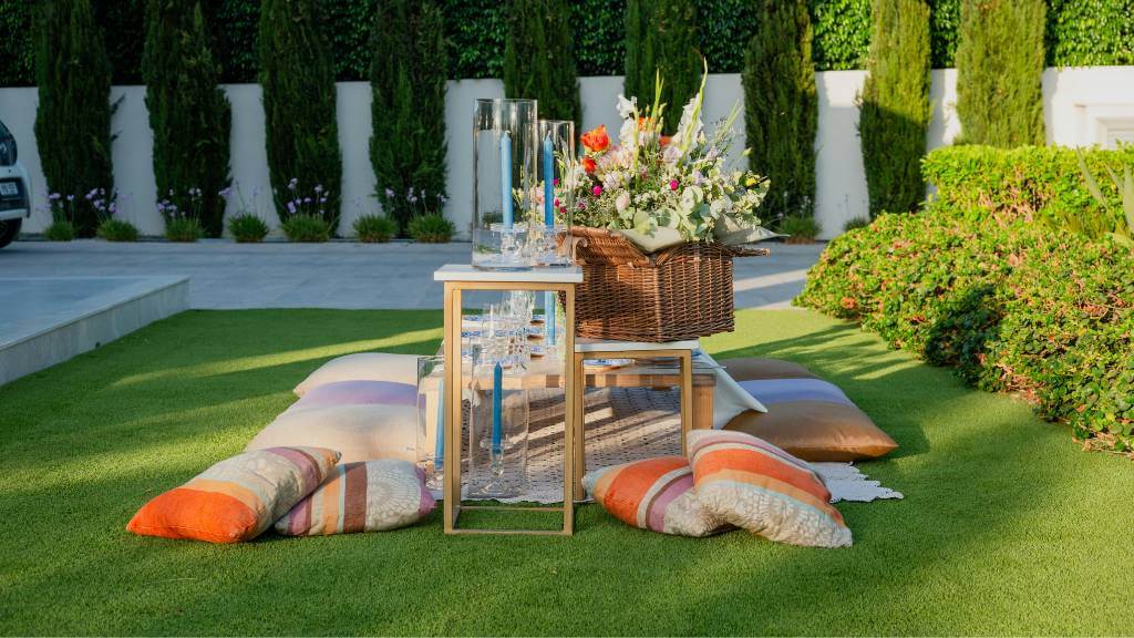 outdoor picnic setup with floor cushions