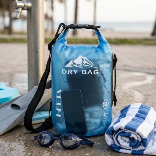 waterproof beach bag by dock