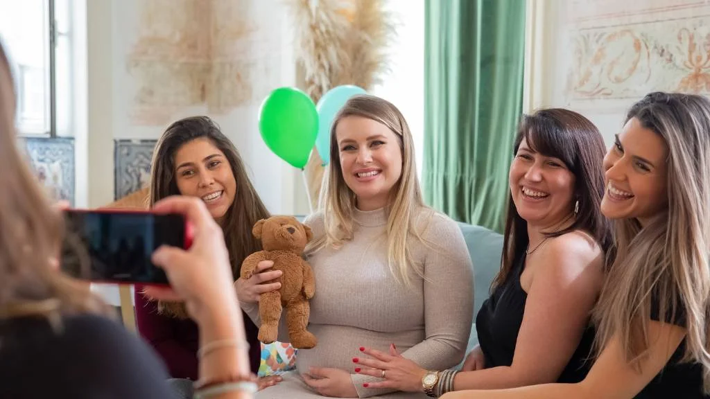baby shower photo moment with friends