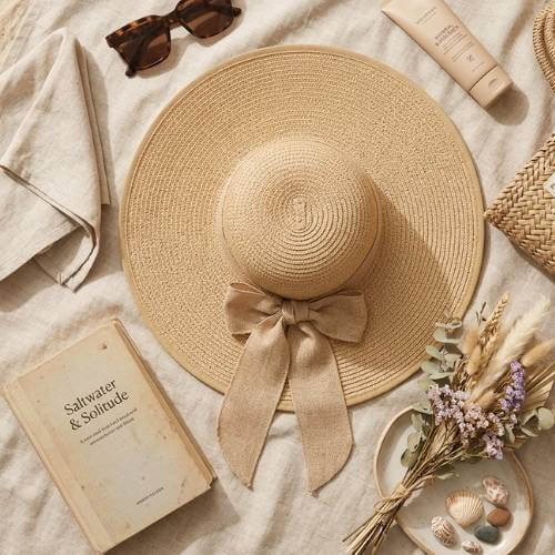 beach hat picnic flat lay