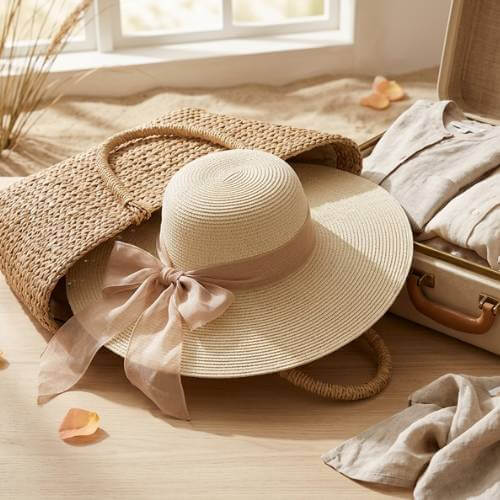 bowknot beach hat by suitcase