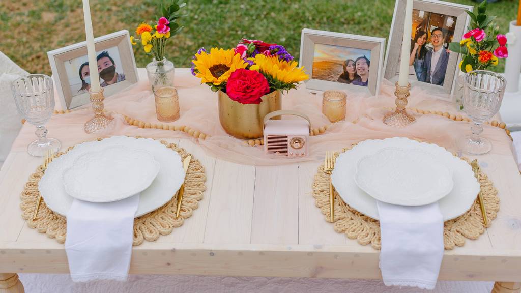 picnic date table with flowers