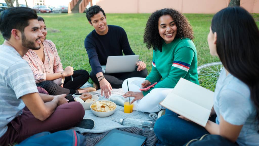 Students studying and chatting together at a college picnic