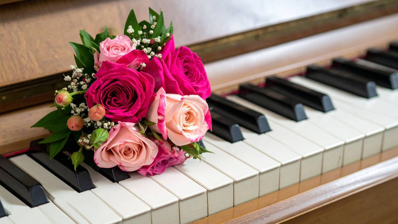 Wedding bouquet on piano keys for romantic video music