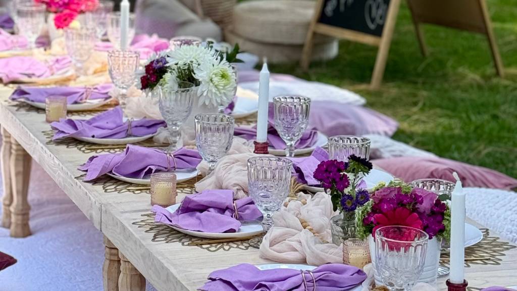 luxe garden picnic table setup
