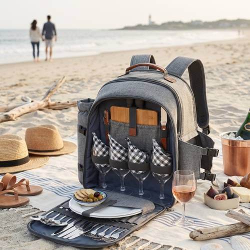 Insulated picnic backpack for two in a natural beach picnic setting