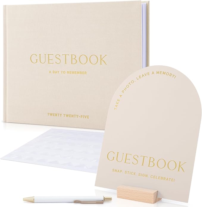 Wedding guest book with gold lettering