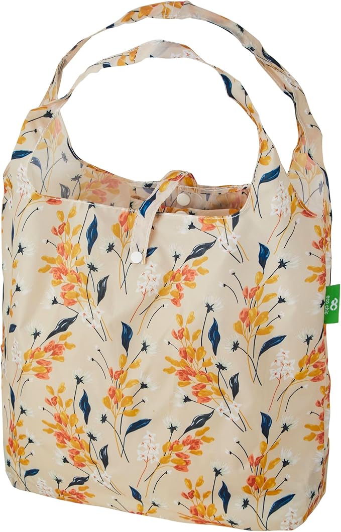 Floral reusable tote bag with handles