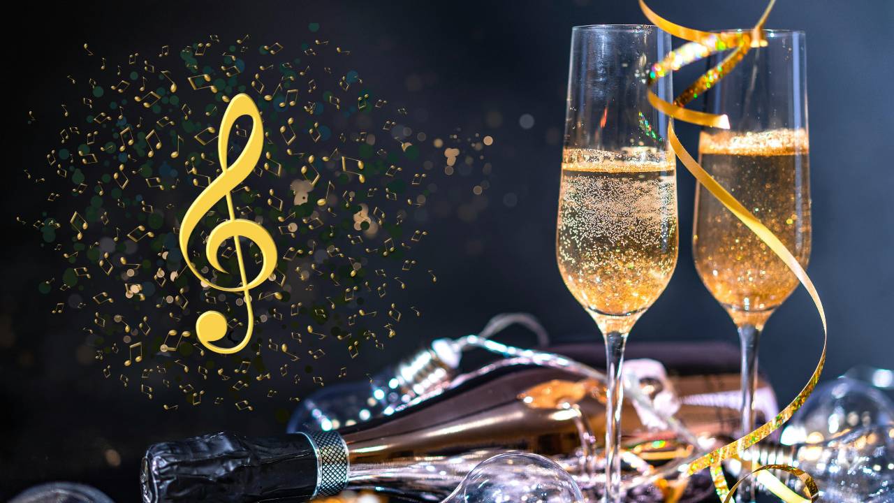 golden champagne glasses and music notes for celebration songs golden champagne glasses and music notes for celebration songs