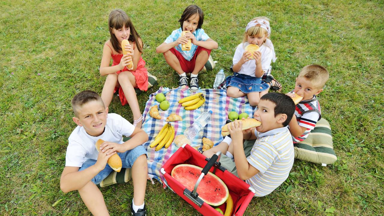 kids-picnic-food-and-theme-ideas-children-group-picnic Group of happy kids sitting on a blanket enjoying their picnic together