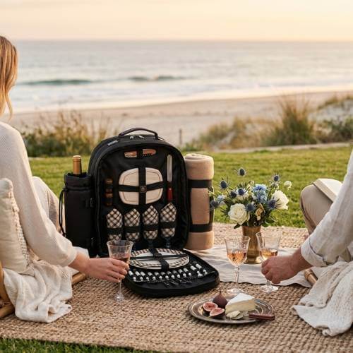 luxury picnic setup with backpack