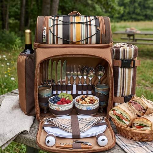 Open picnic backpack neatly packed