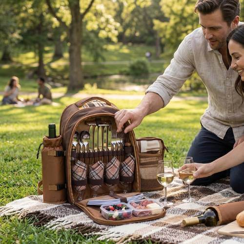 Couple using an insulated picnic backpack with organized tableware during an outdoor picnic