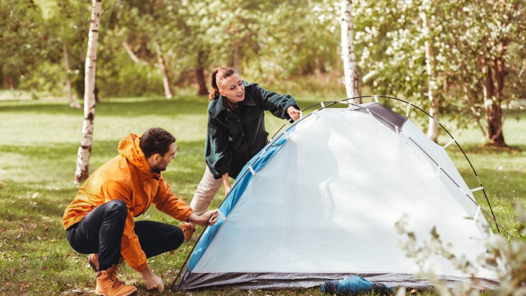 setting up picnic tent outdoors