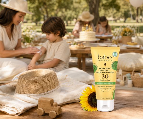 Babo Botanicals SPF 30 mineral sunscreen lotion at a family birthday picnic in California