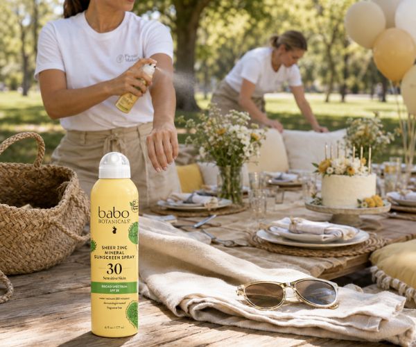 Babo Botanicals SPF 30 sunscreen spray during preparations for an outdoor birthday picnic