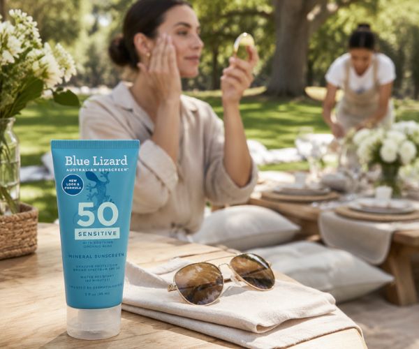 Blue Lizard Sensitive SPF 50 mineral sunscreen at an elegant outdoor picnic in California