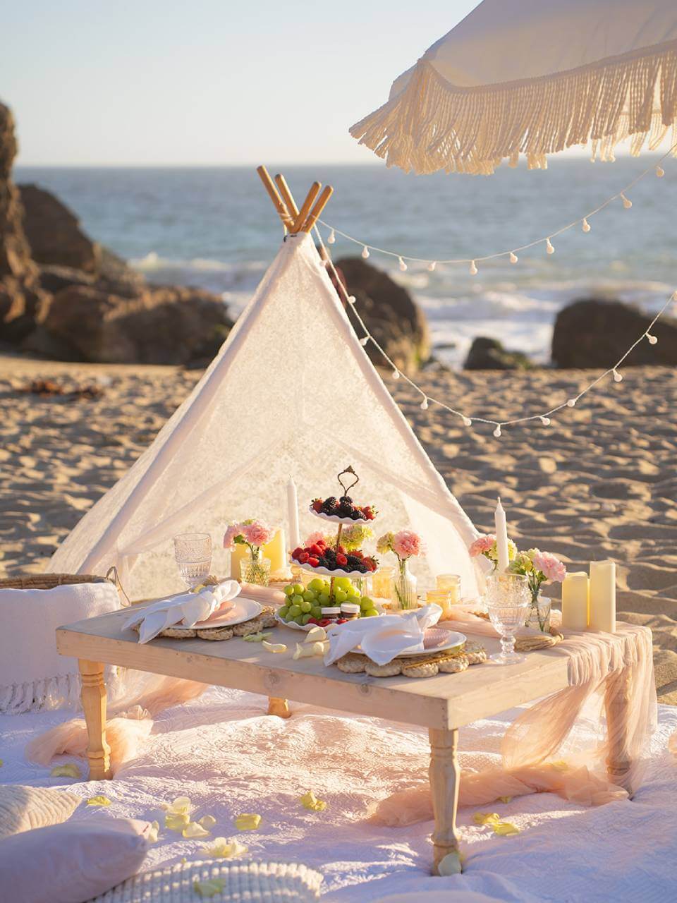 romantic beach picnic near the ocean
