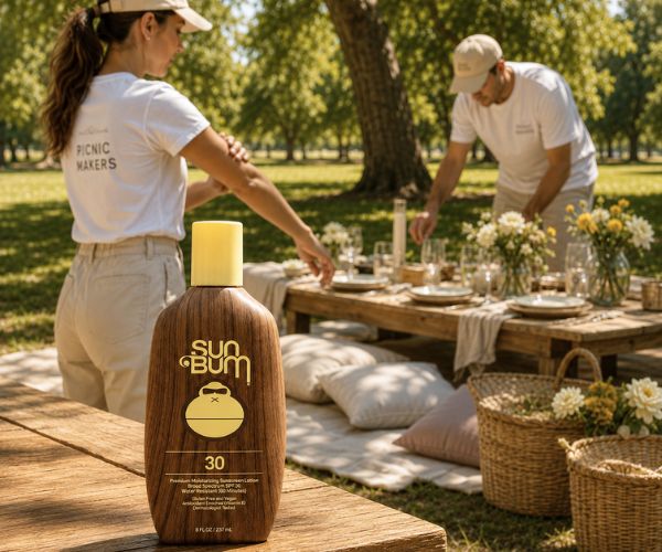 Sun Bum Original SPF 30 sunscreen on a wooden table during a luxury park picnic setup