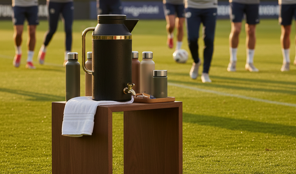 Upscale sports sideline scene featuring a 2 gallon water jug with spigot on a wooden table beside reusable bottles.