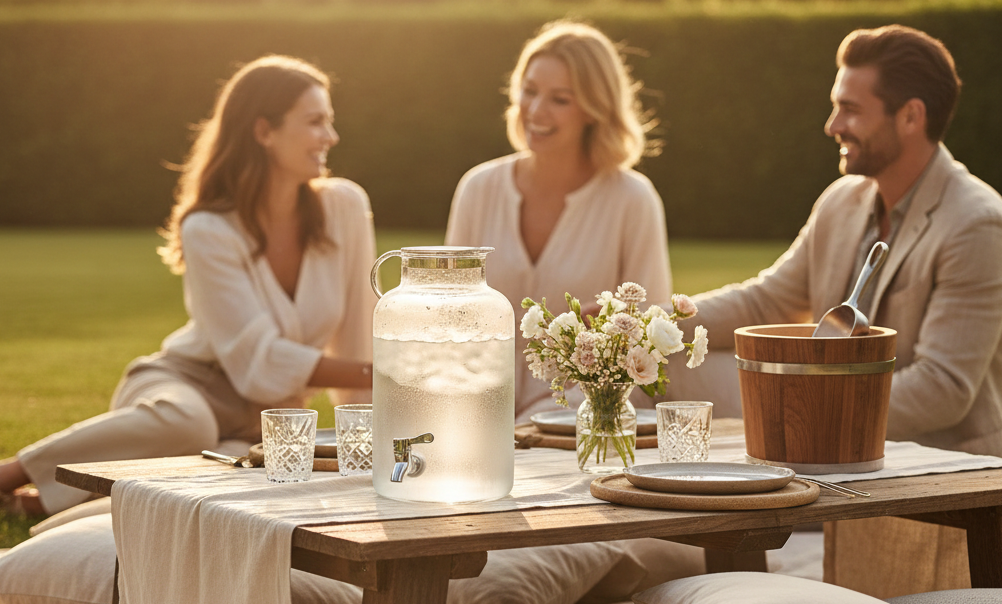 luxury picnic table setup with a 2 gallon water jug with spigot as the centerpiece on a styled outdoor table