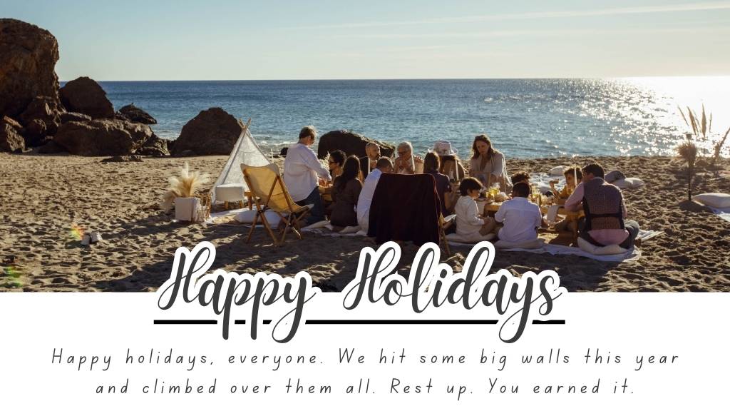 ©️ Picnic Makers - https://picnicmakers.com/ happy holidays group beach greeting card