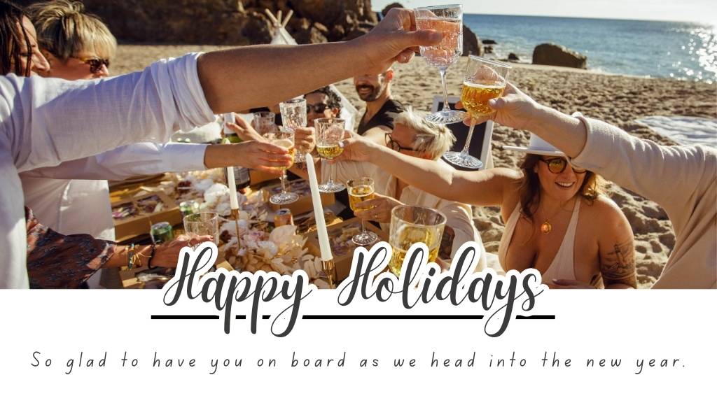 ©️ Picnic Makers - https://picnicmakers.com/ happy holidays beach toast greeting