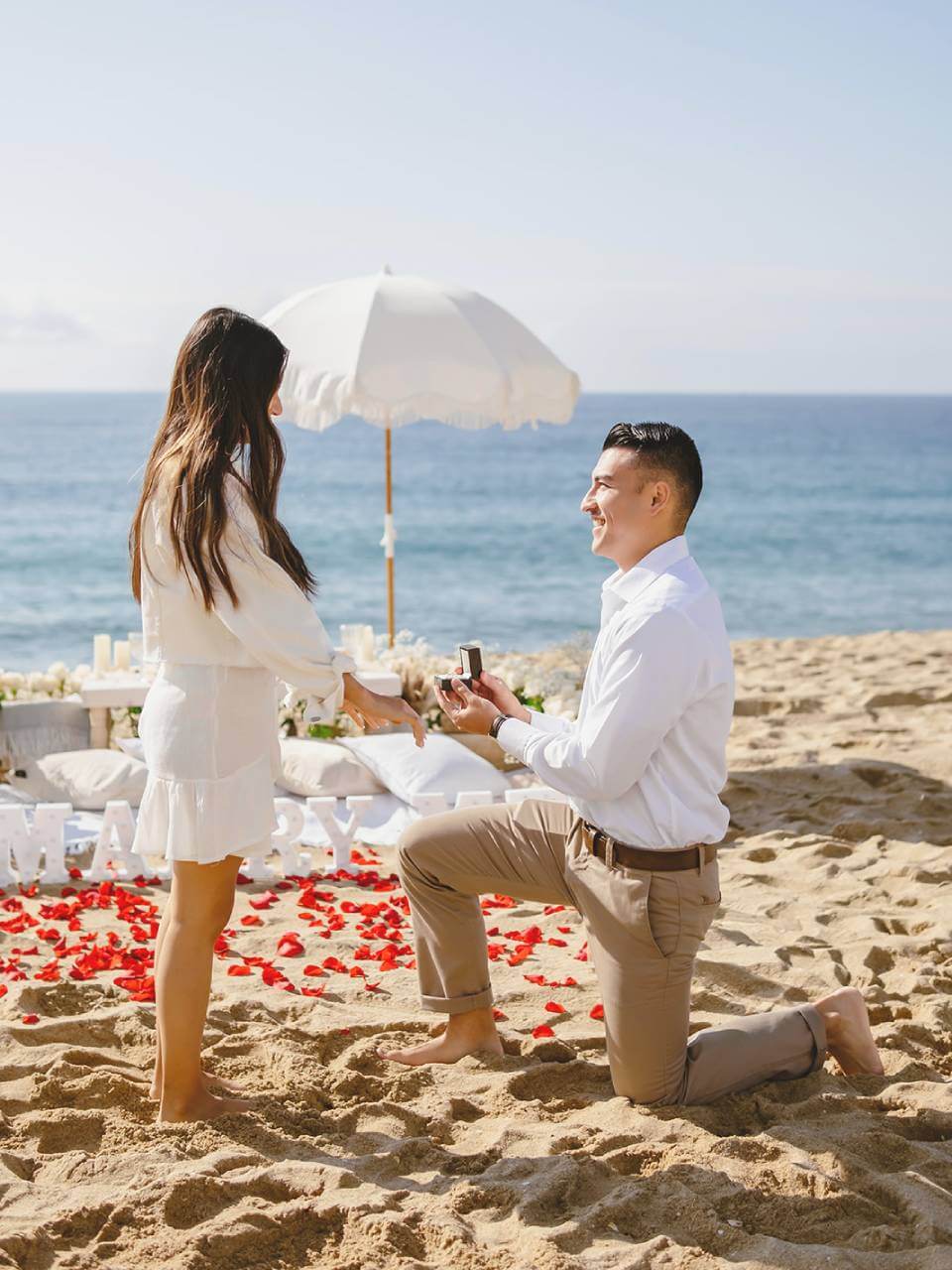 romantic beach proposal setup in Los Angeles