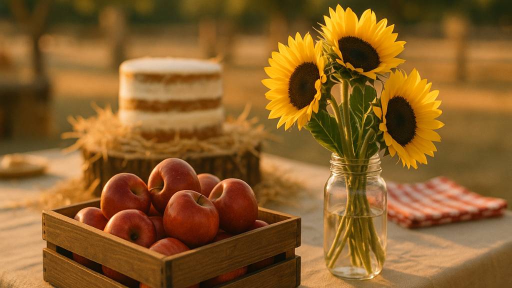 rustic farm baby shower table with apples and sunflowers