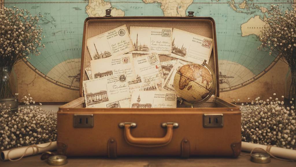 travel theme baby shower decor with vintage suitcase and globe