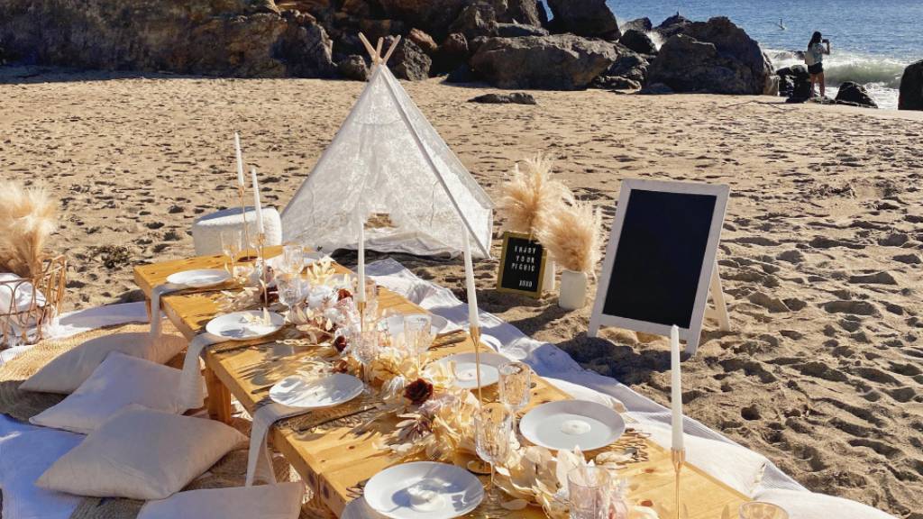beach picnic wedding setup