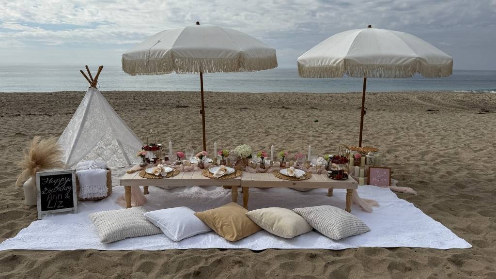 boho birthday party beach picnic setup