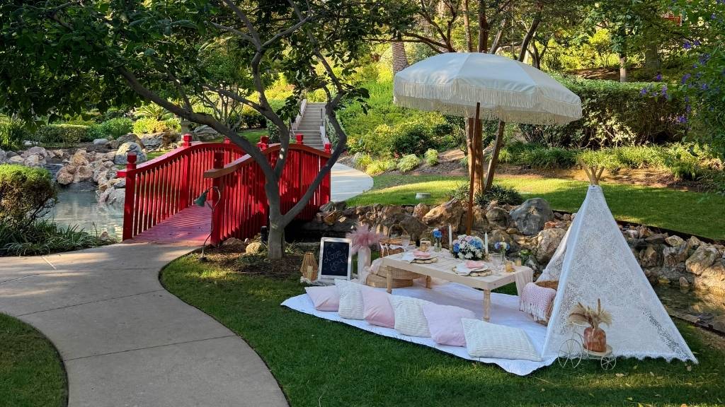 boho birthday party garden picnic setup