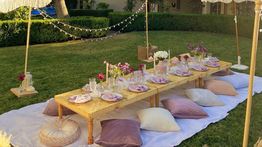 february birthday backyard picnic setup