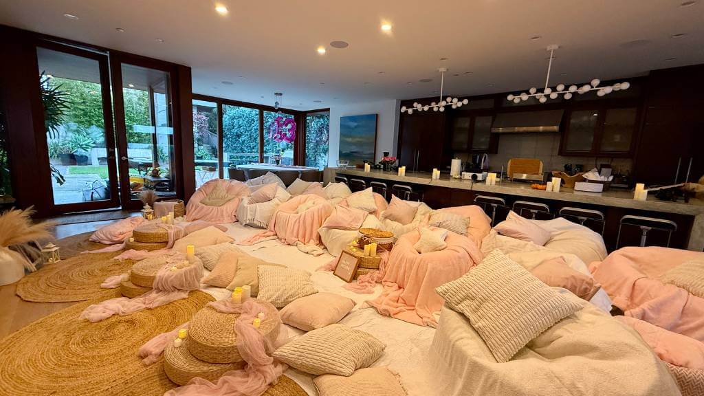 february birthday indoor sleepover setup