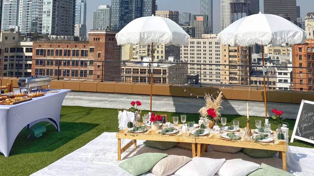 rooftop picnic setup for joint birthday party