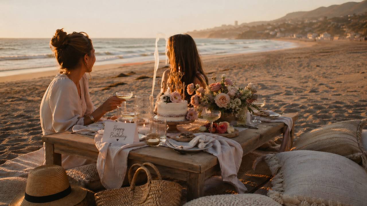 Luxury Malibu birthday picnic with cake, cushions, florals, and ocean backdrop
